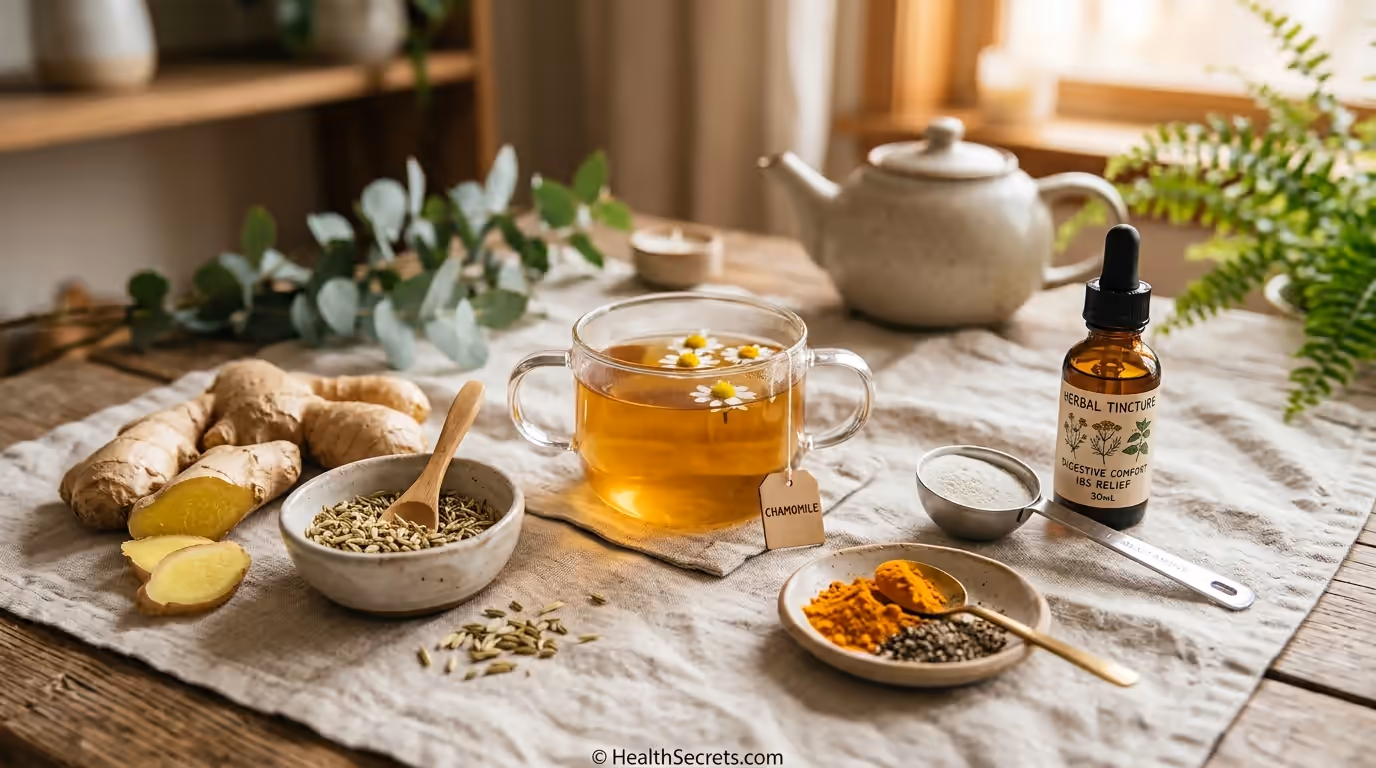 Supporting natural remedies for IBS including ginger fennel chamomile turmeric L-glutamine and herbal tincture