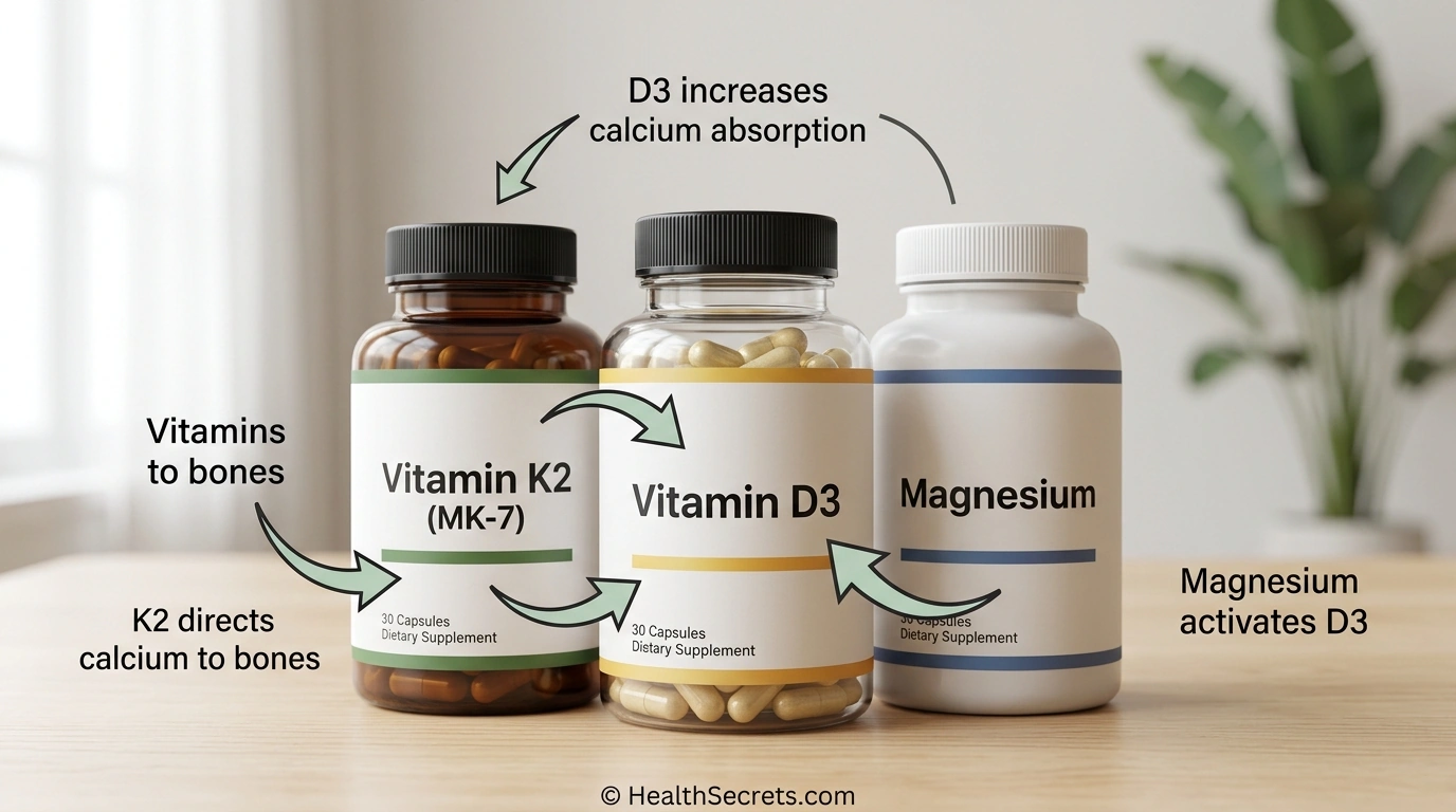 Trio de suppléments de vitamine D3 K2 et magnésium montrant la relation synergique pour la santé des os et du cœur
