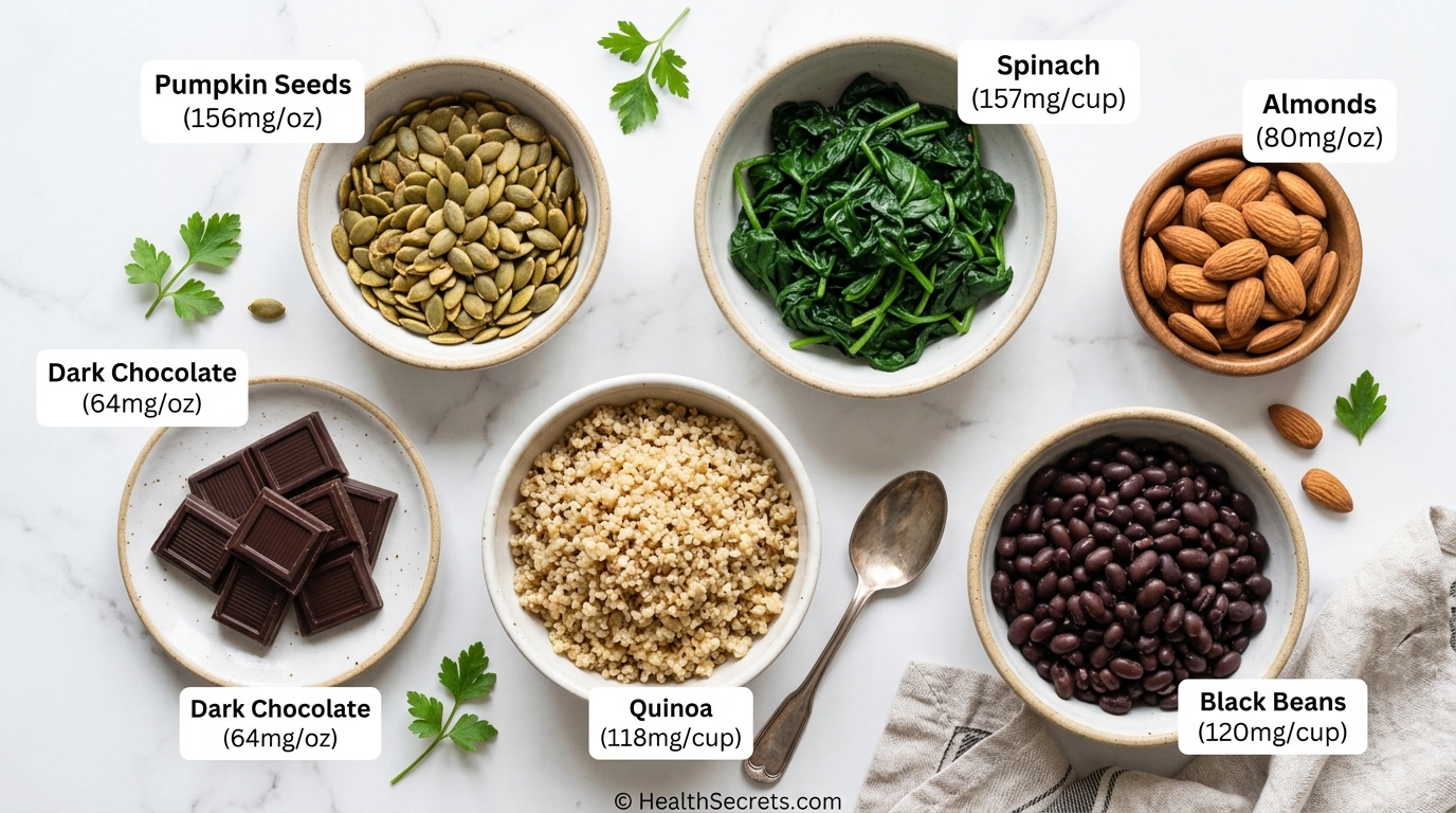 Principais alimentos ricos em magnésio com conteúdo de magnésio por porção, incluindo sementes de abóbora, espinafre, amêndoas, feijão preto, quinoa e chocolate amargo