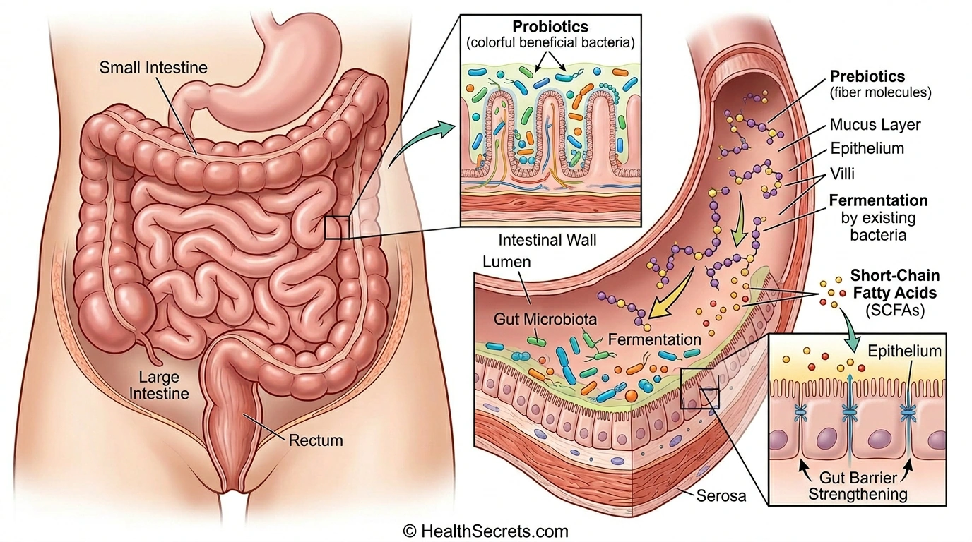 Ilustración científica que muestra cómo los probióticos colonizan la pared intestinal y los prebióticos alimentan las bacterias intestinales beneficiosas para producir ácidos grasos de cadena corta