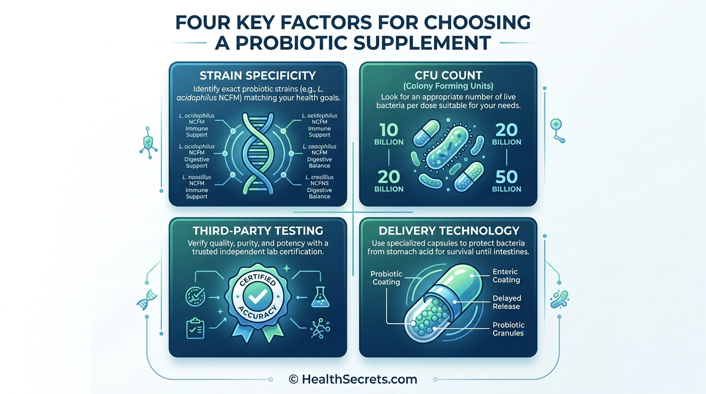 Infografía que muestra cuatro factores clave para elegir suplementos probióticos: especificidad de la cepa, recuento de UFC, tecnología de entrega y pruebas de terceros