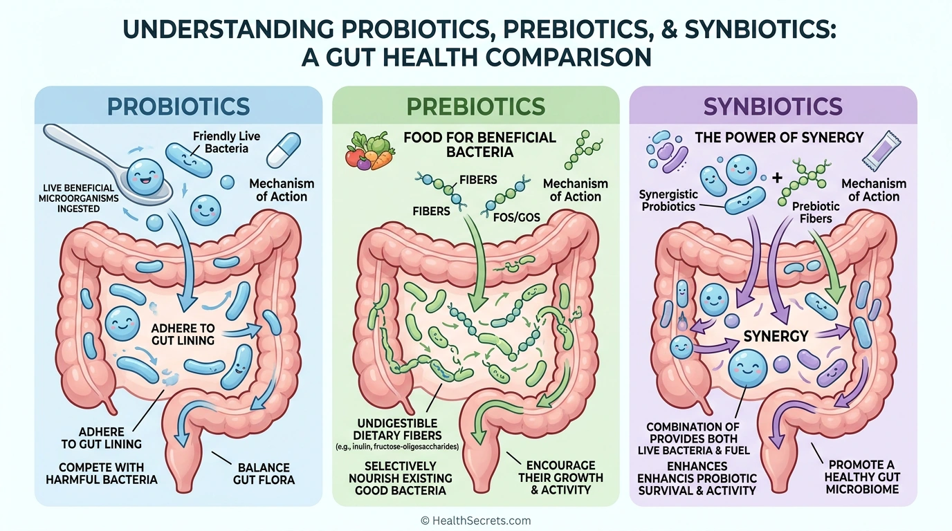 Diagrama de comparación que muestra cómo los probióticos, prebióticos y simbióticos funcionan de manera diferente en el intestino