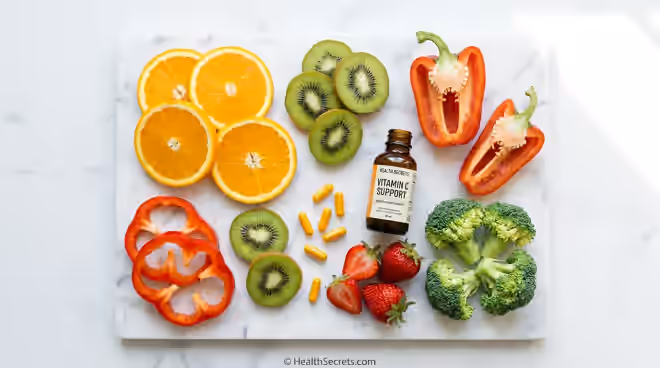 Vitamin C rich foods including oranges, kiwi, bell peppers, and strawberries arranged alongside vitamin C supplement capsules
