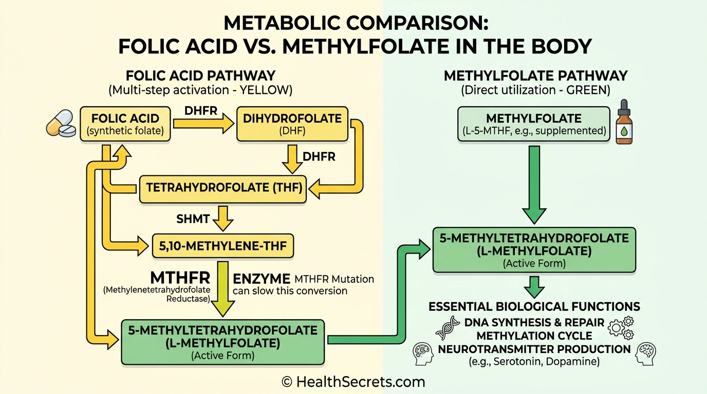 Biểu đồ so sánh các con đường chuyển hóa axit folic và methylfolate cho thấy bước enzyme MTHFR