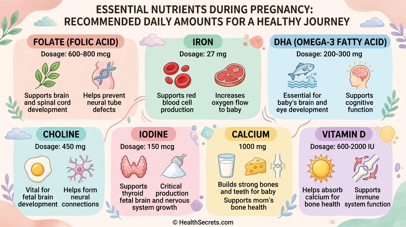 Infographic về các chất dinh dưỡng thiết yếu trước khi sinh với lượng khuyến nghị hàng ngày trong thời kỳ mang thai