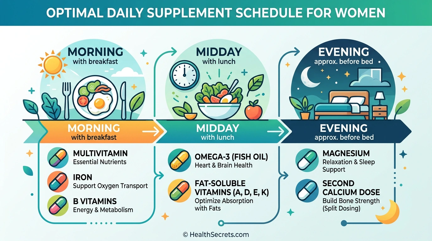 Infographic cho thấy thời gian tối ưu hàng ngày để uống các sản phẩm bổ sung của phụ nữ vào buổi sáng, buổi trưa và buổi tối