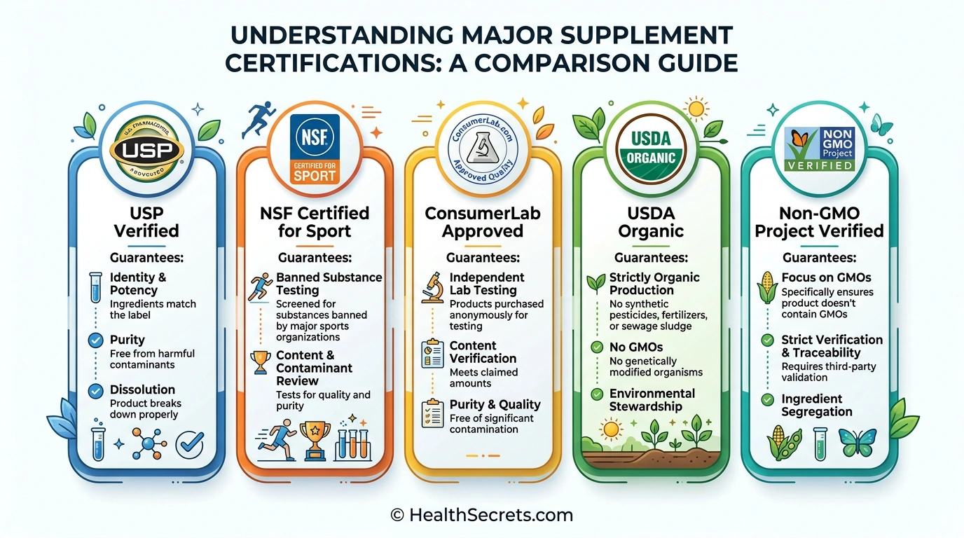 So sánh các chứng nhận chất lượng sản phẩm bổ sung bao gồm USP NSF ConsumerLab và USDA Organic
